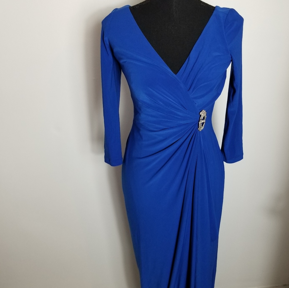 Lauren Ralph Lauren Evening Cobalt Blue V-Neck Draped Jeweled Evening Go…